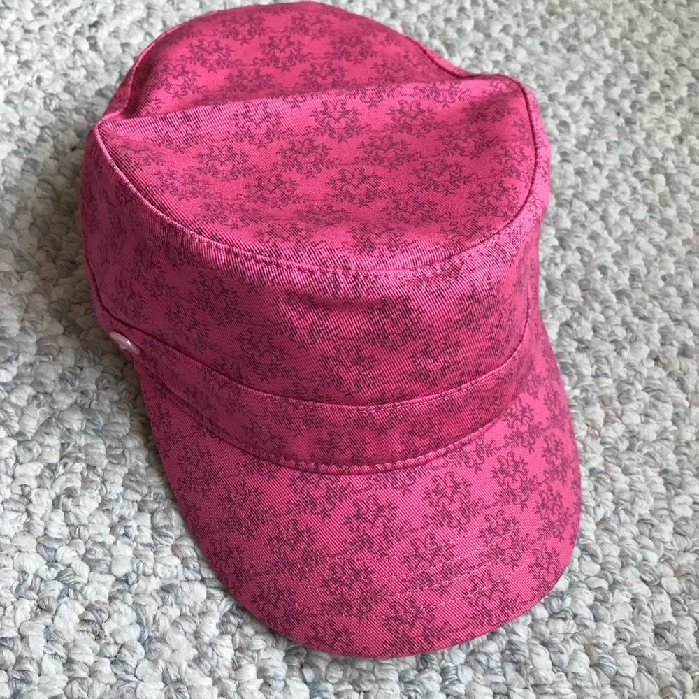 Pink w/blue floral. PUGS RCA SHELBY BILLED HAT. OS. Hook & Loop adjustment.